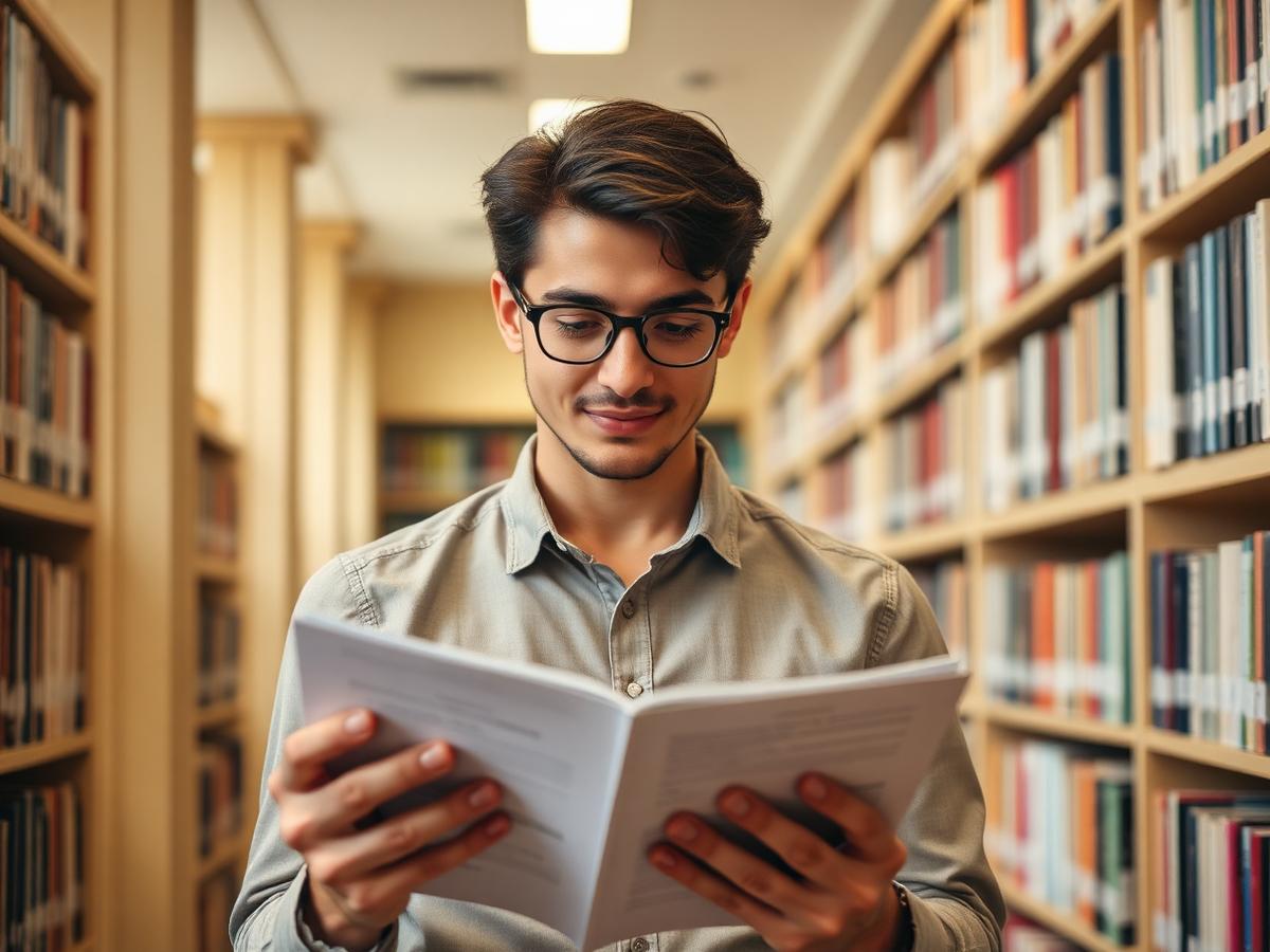 A candidate reviewing exam preparation material in a library
