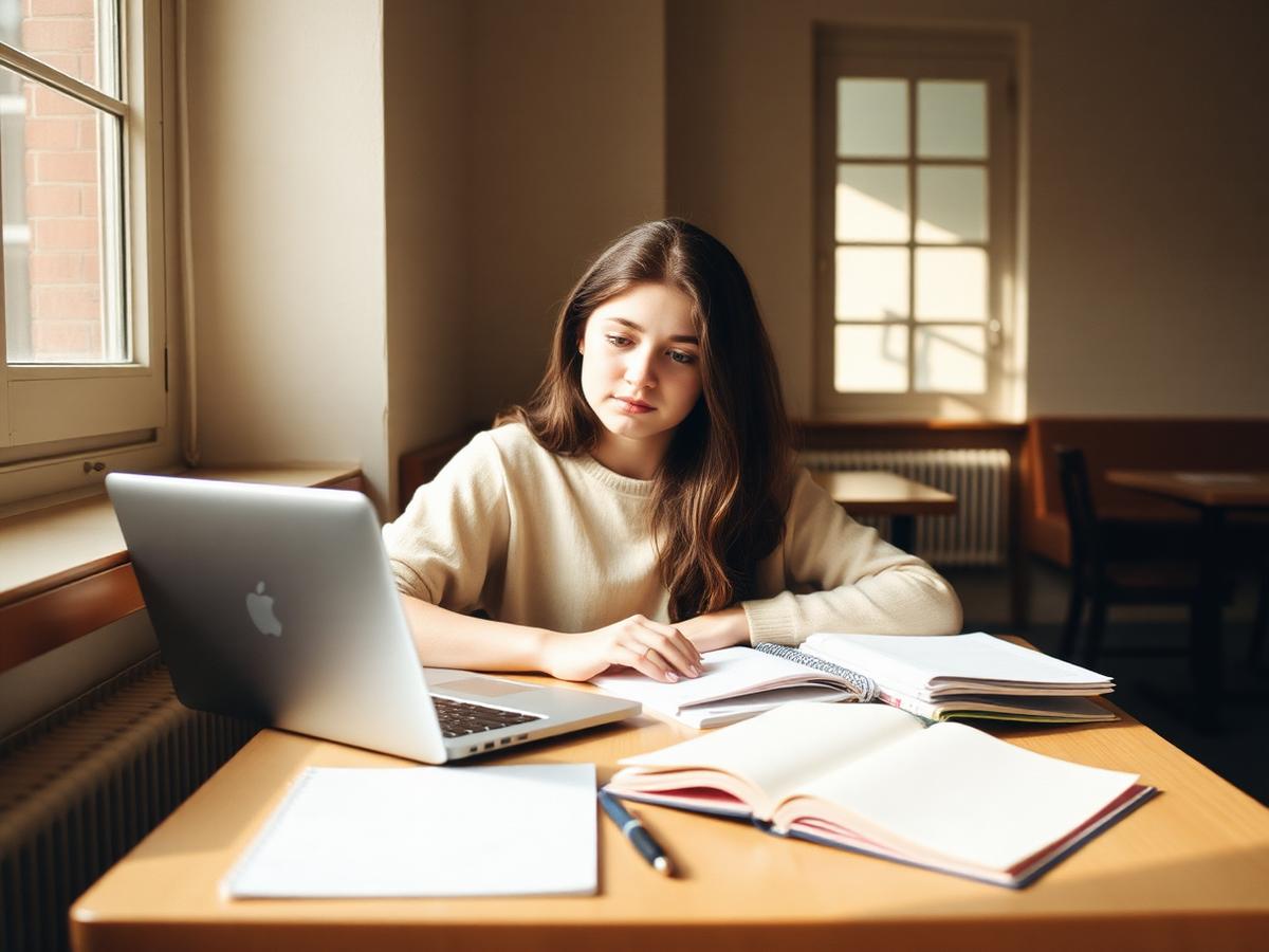 Student studying at a sunlit desk with notes and a laptop